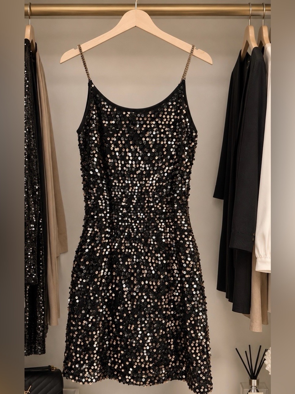 Windsor Black Sequin Midi Dress with Chain Straps